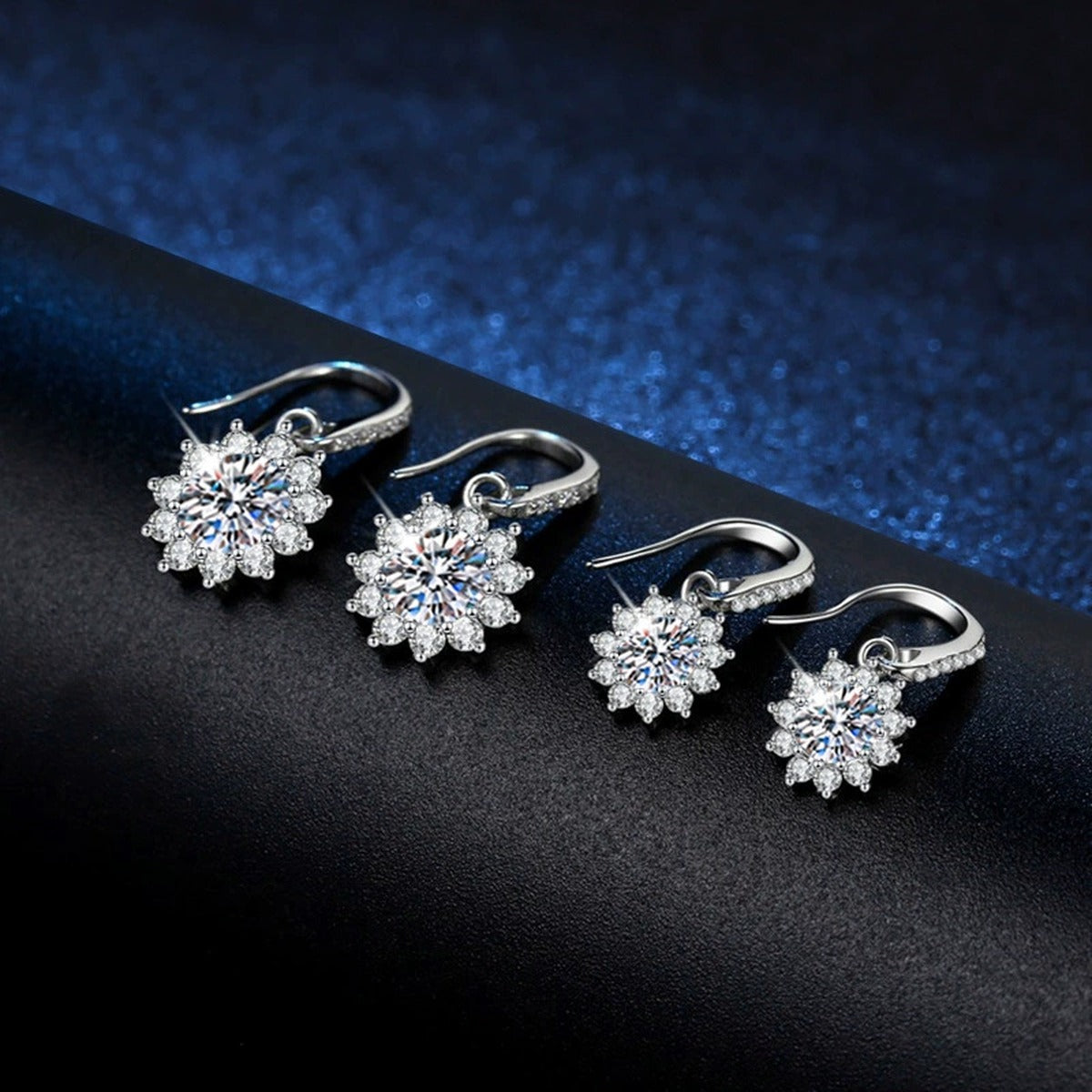 Snowflake Moissanite Drop Earrings with CZ in White Gold-Plated S925 dark background product display view