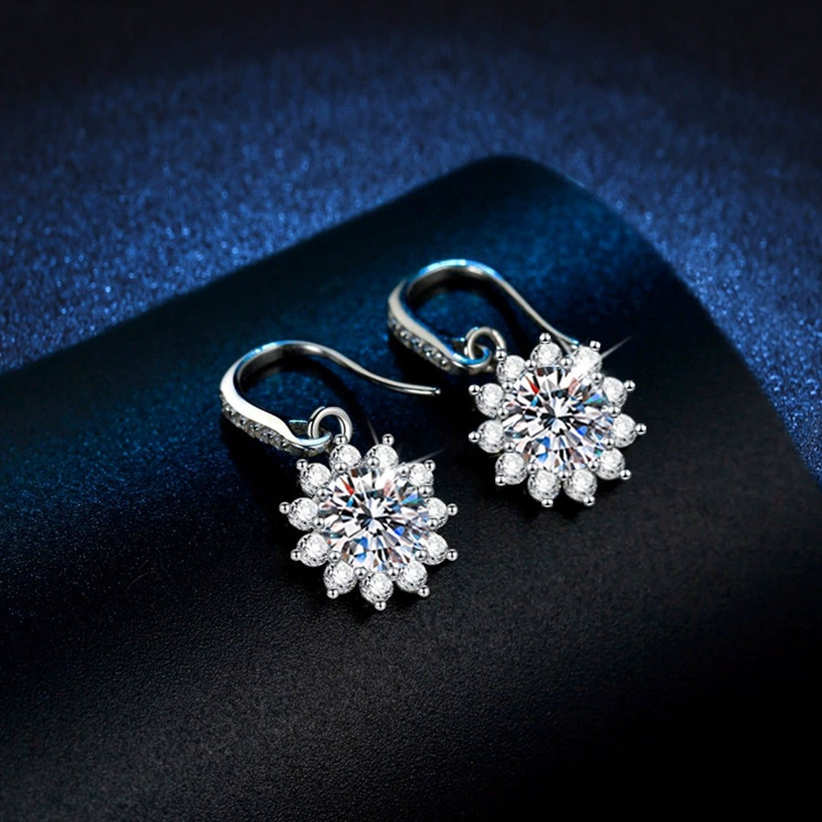 Snowflake Moissanite Drop Earrings with CZ in White Gold-Plated S925 dark background product display view