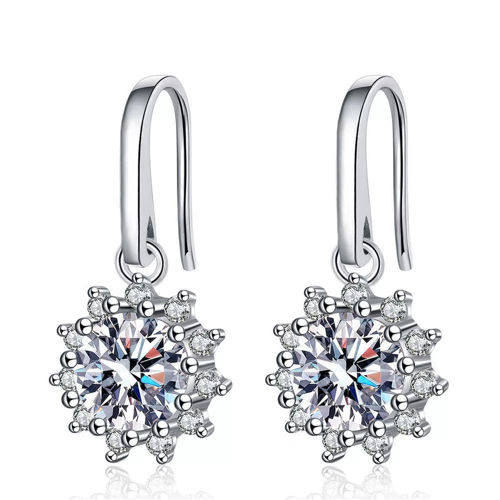 Halo Moissanite Drop Earrings with CZ in White Gold-Plated S925 Silver on clean white background showing the pair and classic halo drop earrings with round moissanite and cubic zirconia sparkle