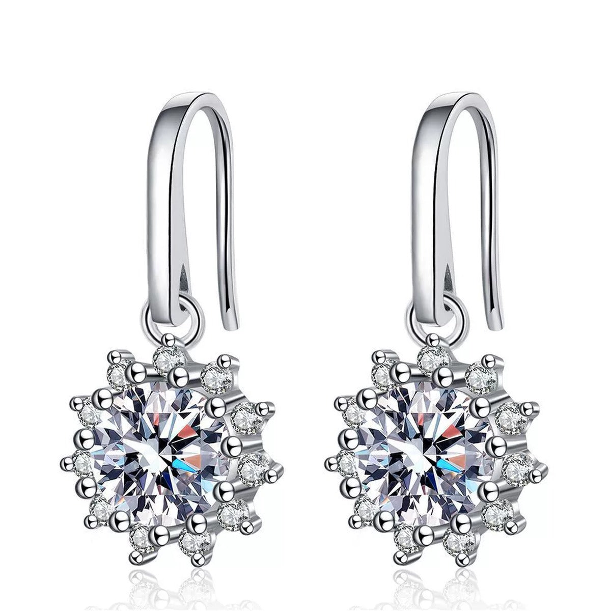 Halo Moissanite Drop Earrings with CZ in White Gold-Plated S925 Silver on clean white background showing the pair and classic halo drop earrings with round moissanite and cubic zirconia sparkle