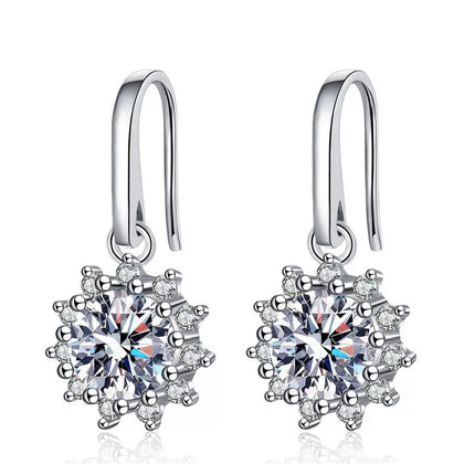 Halo Moissanite Drop Earrings with CZ in White Gold-Plated S925 Silver on clean white background showing the pair and classic halo drop earrings with round moissanite and cubic zirconia sparkle