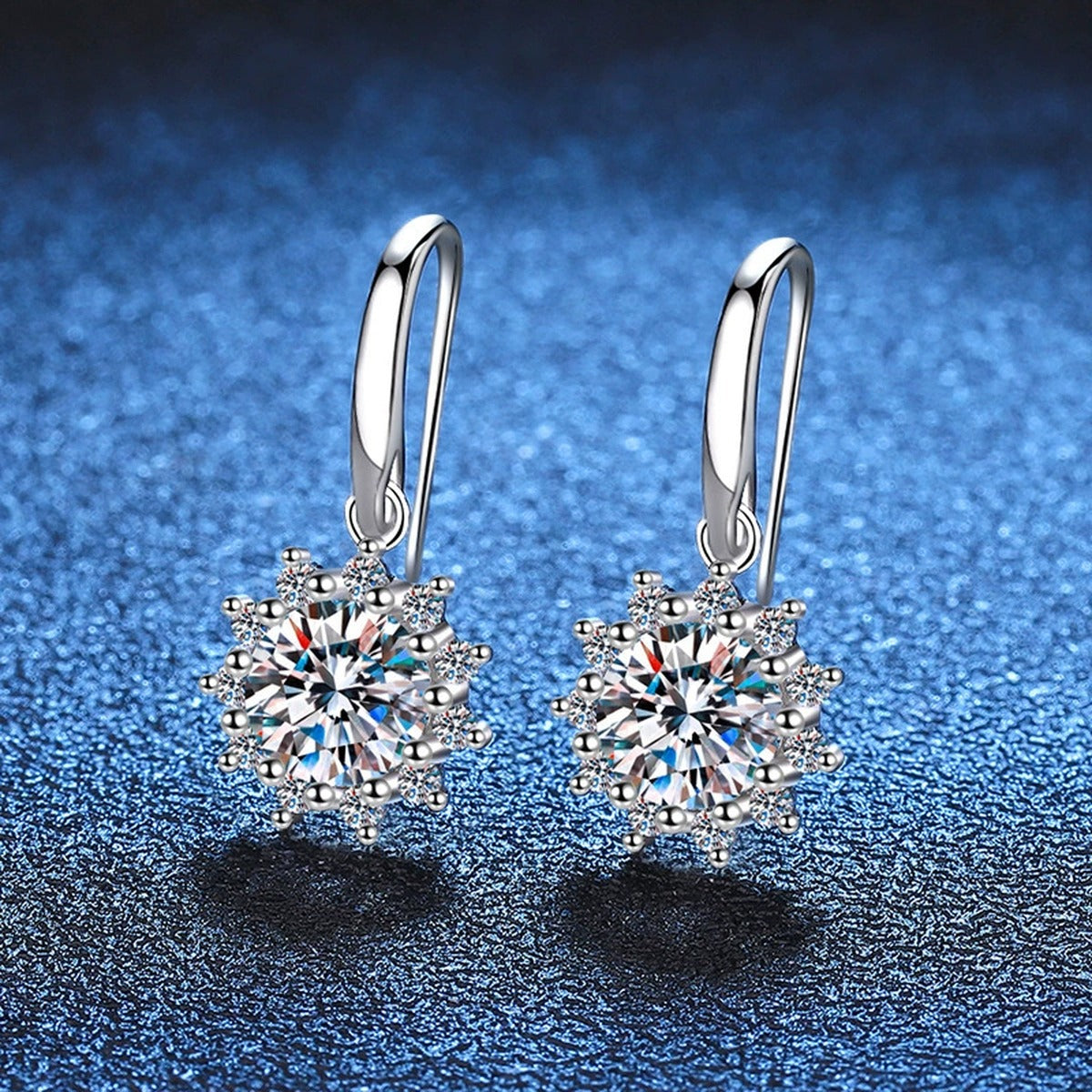 Halo Moissanite Drop Earrings with CZ in White Gold-Plated S925 Silver blue scene product view