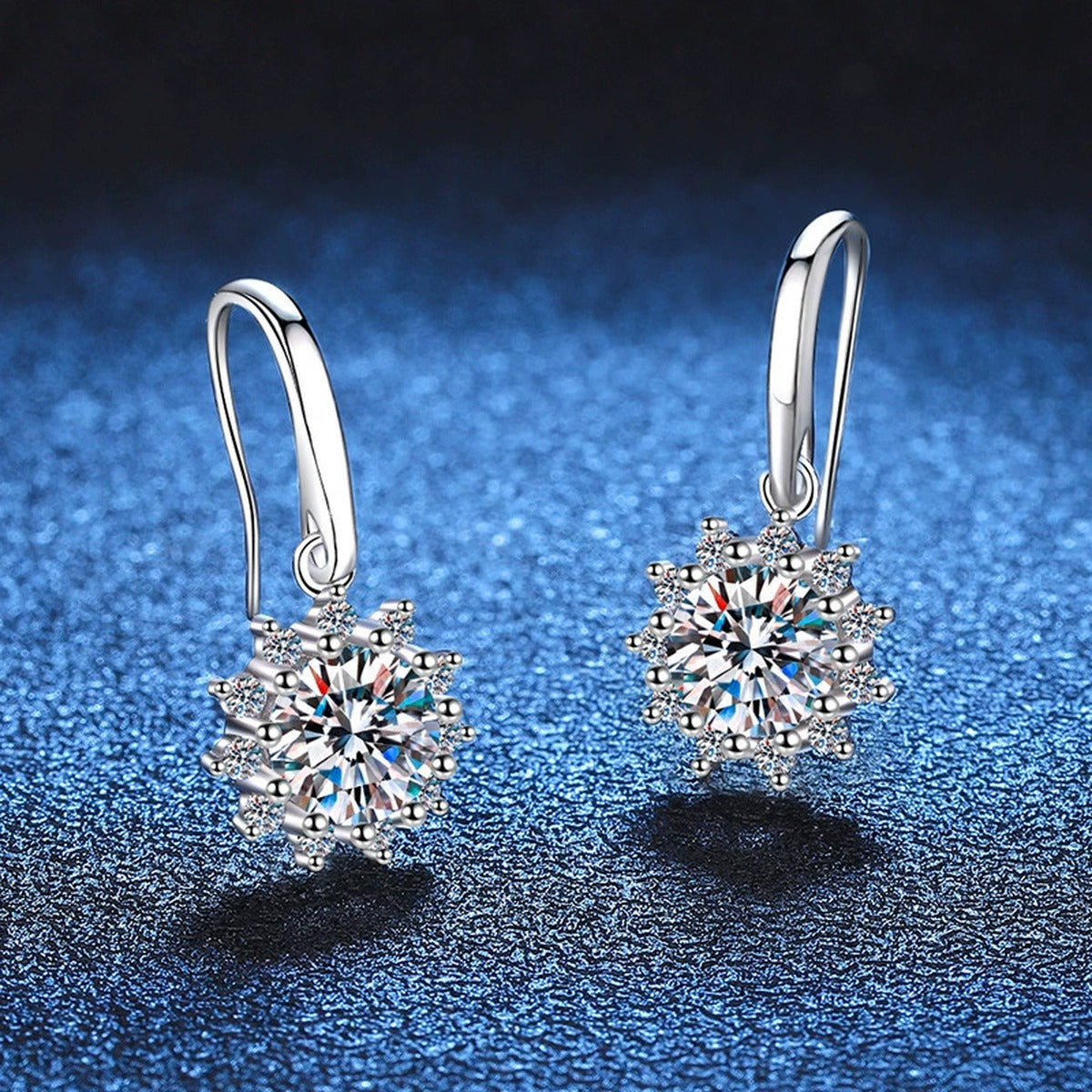 Halo Moissanite Drop Earrings with CZ in White Gold-Plated S925 Silver blue scene angled view