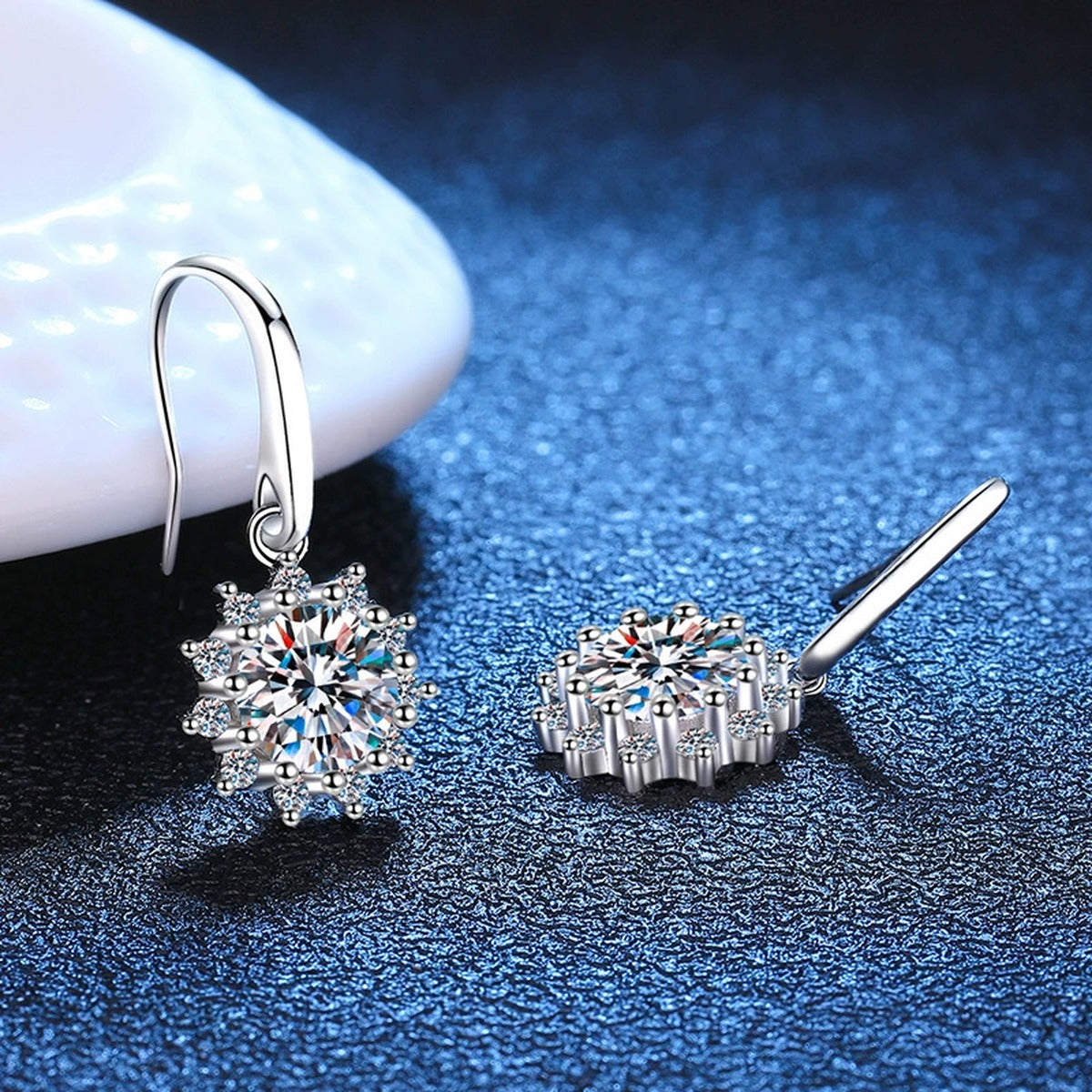 Halo Moissanite Drop Earrings with CZ in White Gold-Plated S925 Silver blue scene close-up view