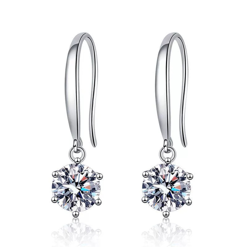 Moissanite Hook Drop Earrings in White Gold-Plated S925 Sterling Silver on clean white background showing the pair and slim hook earrings with round moissanite drops