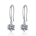 Moissanite Hook Drop Earrings in White Gold-Plated S925 Sterling Silver on clean white background showing the pair and slim hook earrings with round moissanite drops