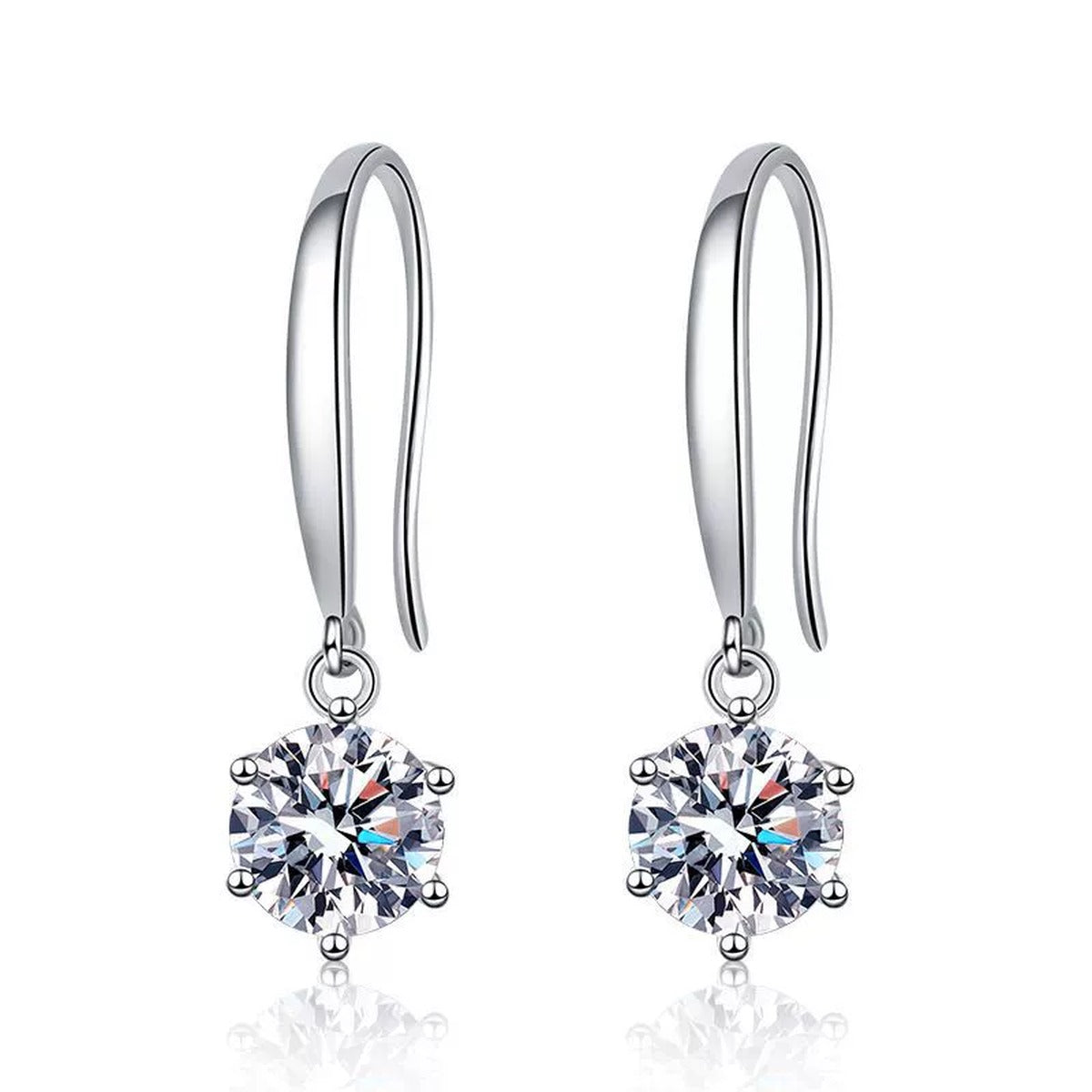 Moissanite Hook Drop Earrings in White Gold-Plated S925 Sterling Silver on clean white background showing the pair and slim hook earrings with round moissanite drops