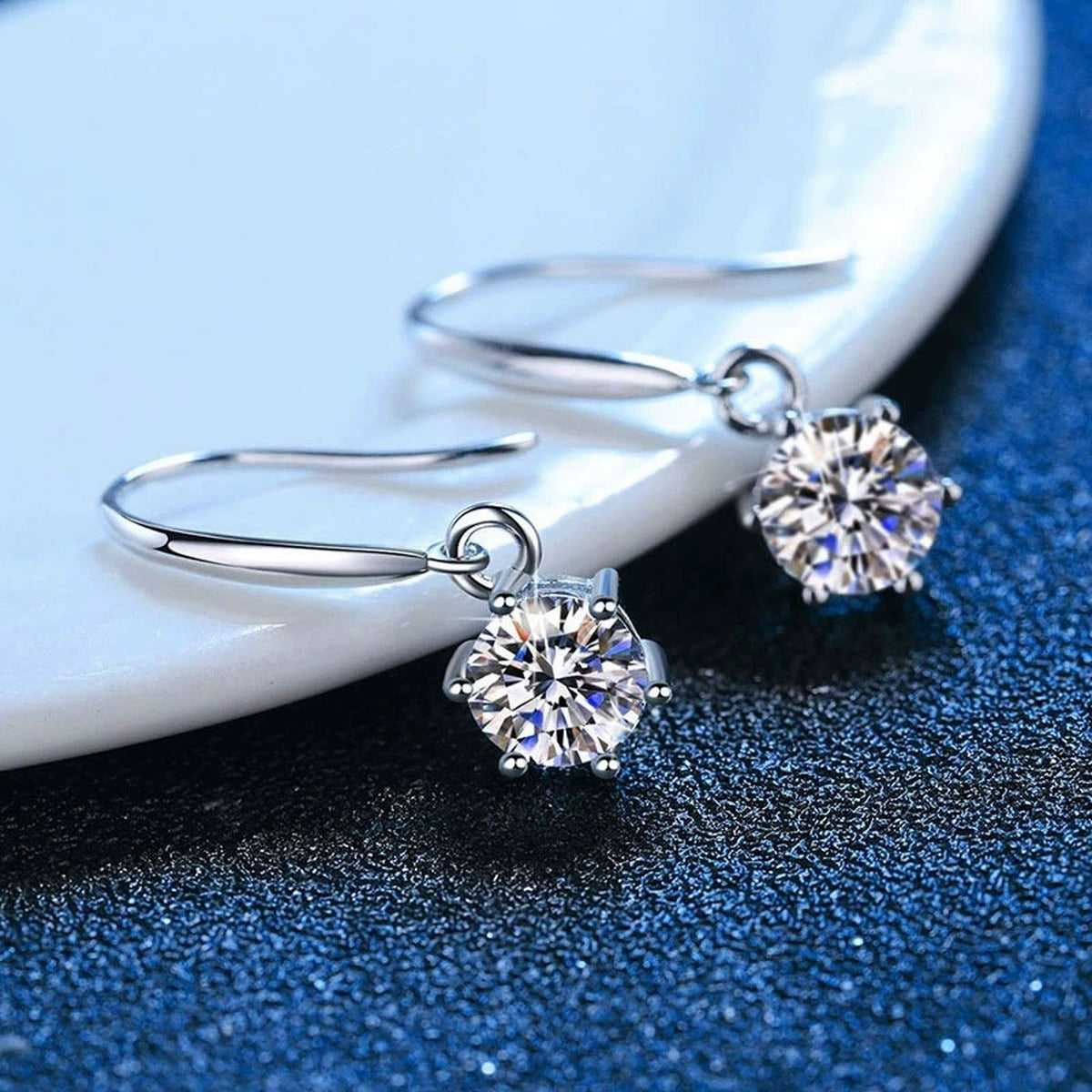 Moissanite Hook Drop Earrings in White Gold-Plated S925 Sterling Silver blue scene product view