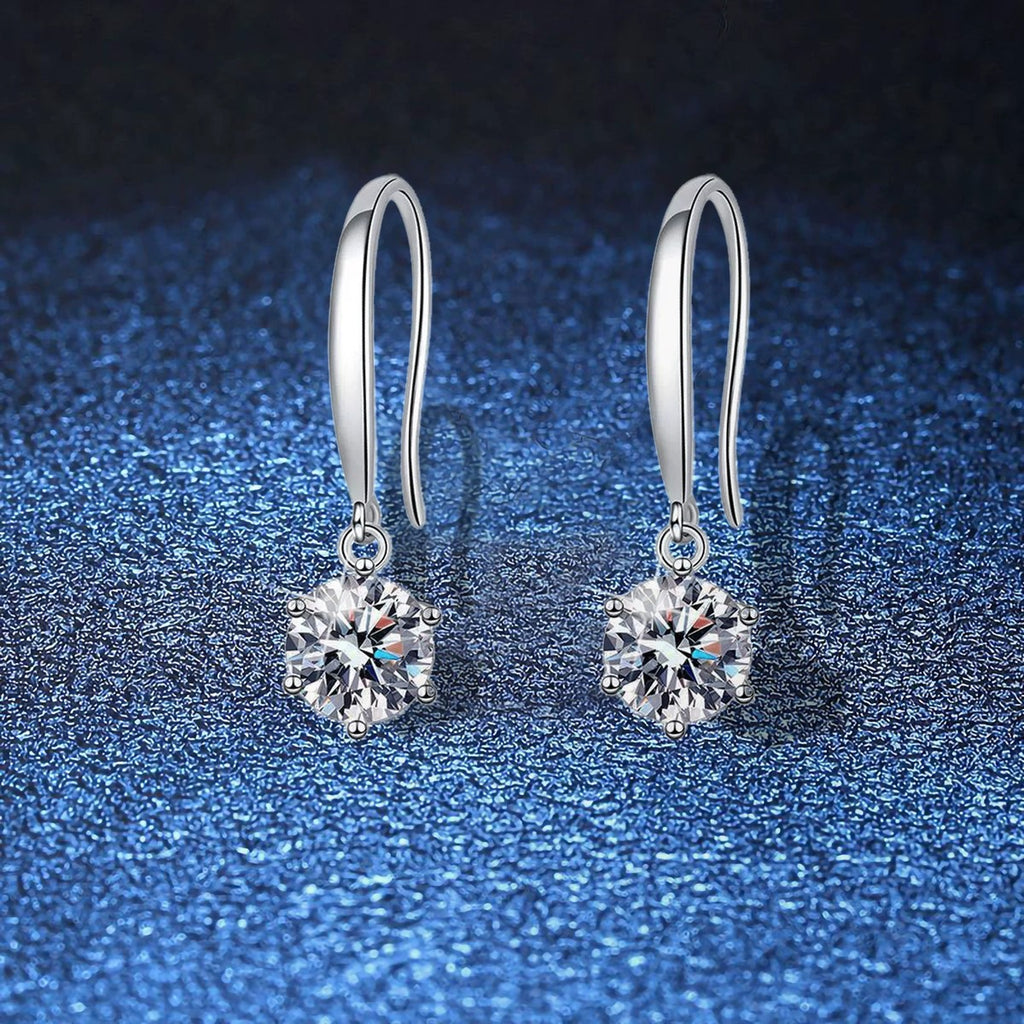 Moissanite Hook Drop Earrings in White Gold-Plated S925 Sterling Silver blue scene angled view