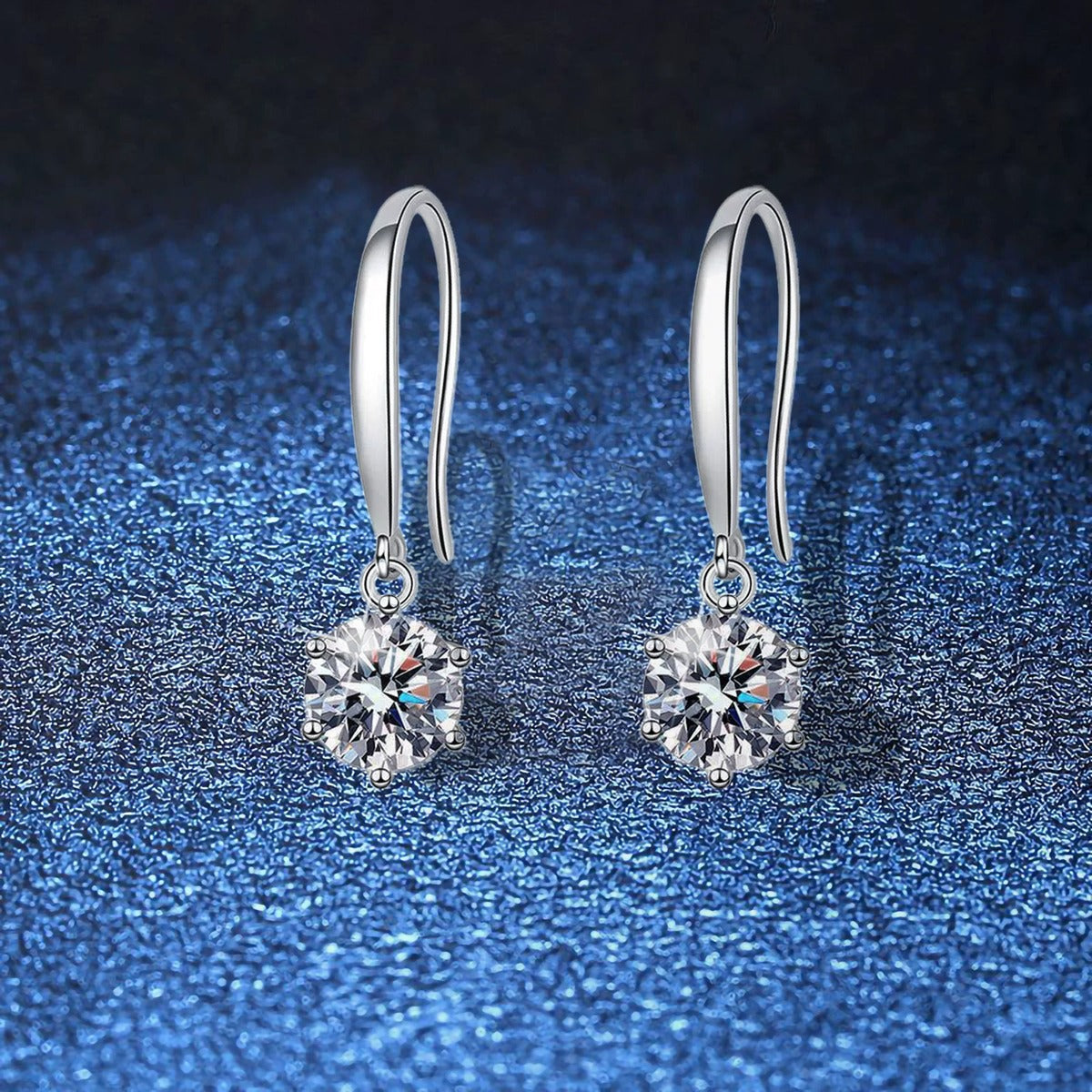 Moissanite Hook Drop Earrings in White Gold-Plated S925 Sterling Silver blue scene angled view