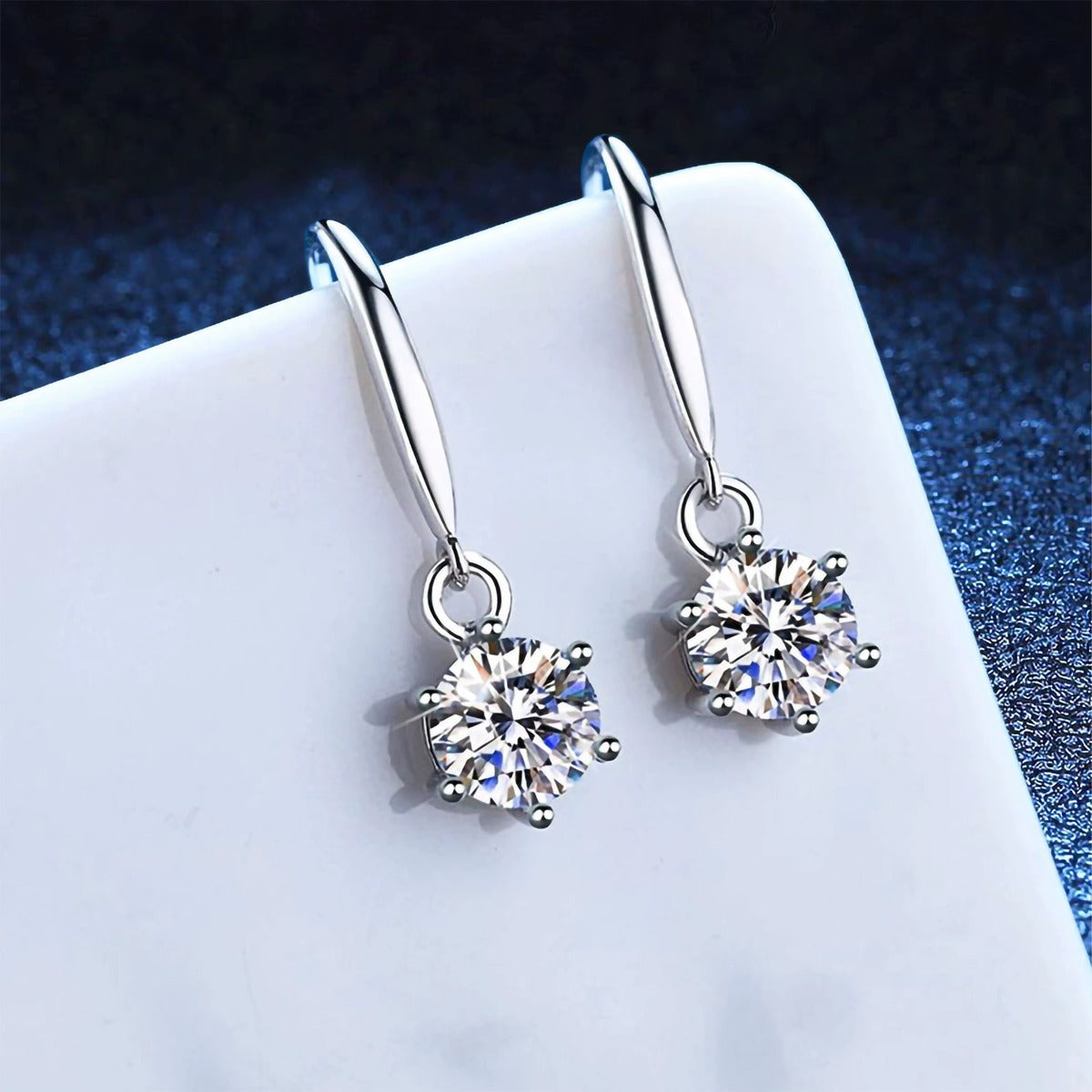 Moissanite Hook Drop Earrings in White Gold-Plated S925 Sterling Silver close-up product detail view