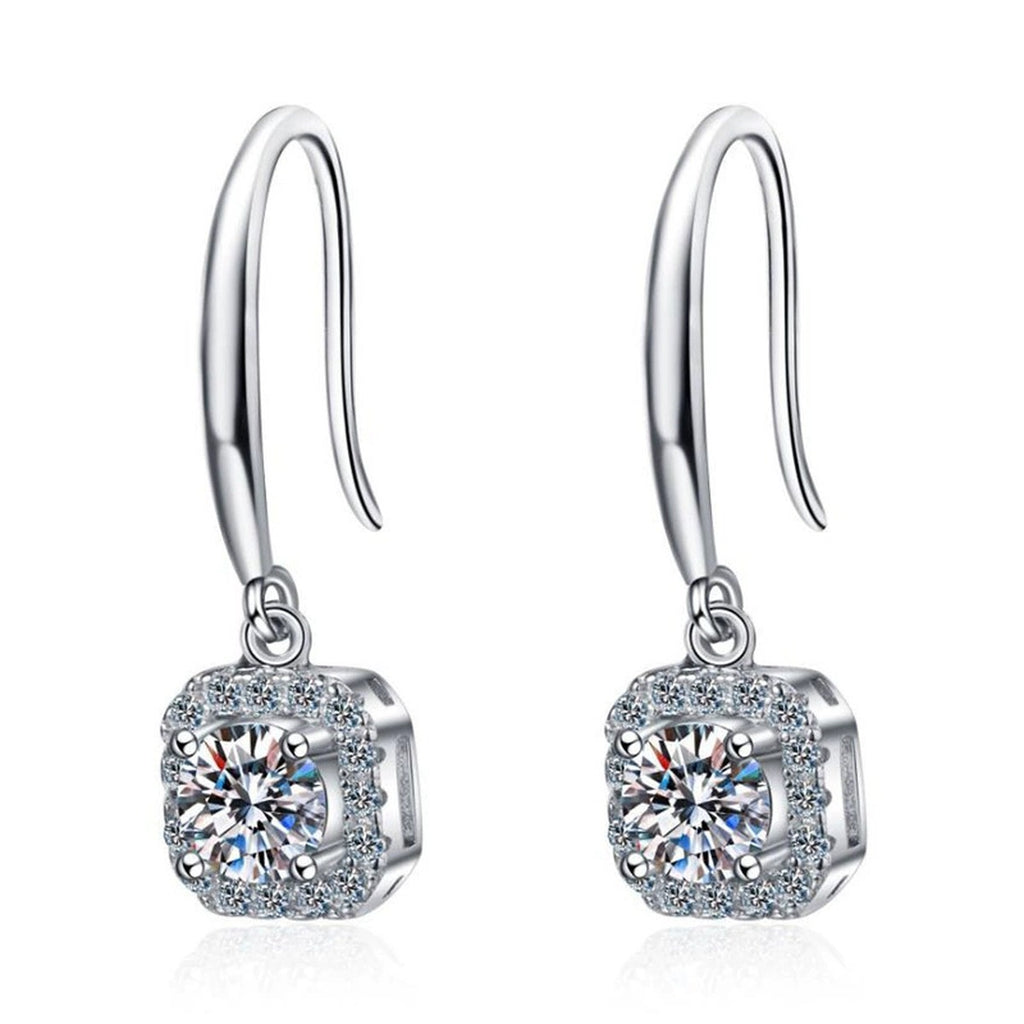 Cushion Halo Moissanite Hook Earrings with CZ in White Gold-Plated S925 on clean white background showing the pair and cushion-style halo drops on simple hook wires