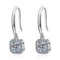 Cushion Halo Moissanite Hook Earrings with CZ in White Gold-Plated S925 on clean white background showing the pair and cushion-style halo drops on simple hook wires