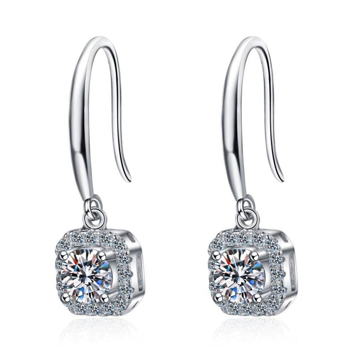 Cushion Halo Moissanite Hook Earrings with CZ in White Gold-Plated S925 on clean white background showing the pair and cushion-style halo drops on simple hook wires