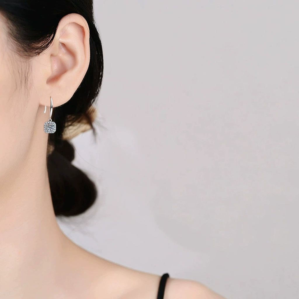 Cushion Halo Moissanite Hook Earrings with CZ in White Gold-Plated S925 worn on ear by model