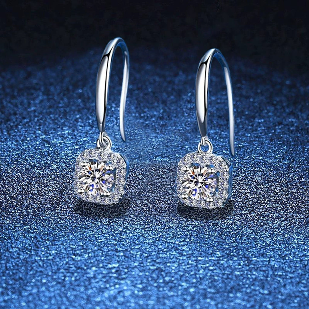 Cushion Halo Moissanite Hook Earrings with CZ in White Gold-Plated S925 blue scene product view