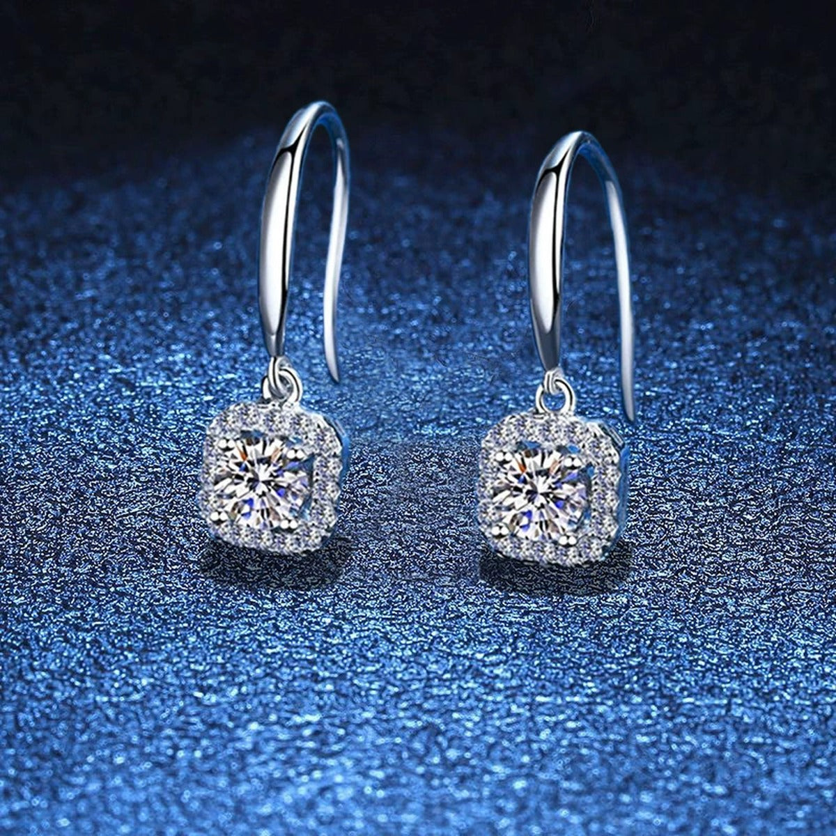 Cushion Halo Moissanite Hook Earrings with CZ in White Gold-Plated S925 blue scene product view