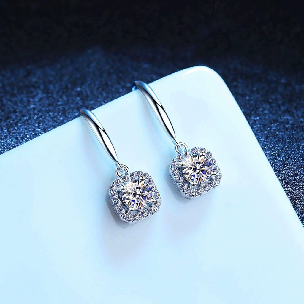 Cushion Halo Moissanite Hook Earrings with CZ in White Gold-Plated S925 blue scene angled view