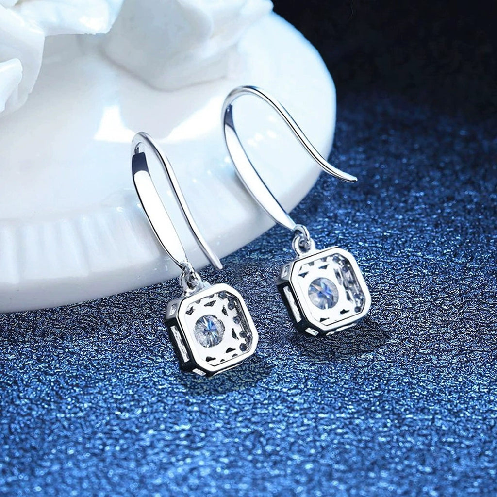 Cushion Halo Moissanite Hook Earrings with CZ in White Gold-Plated S925 blue scene close-up view