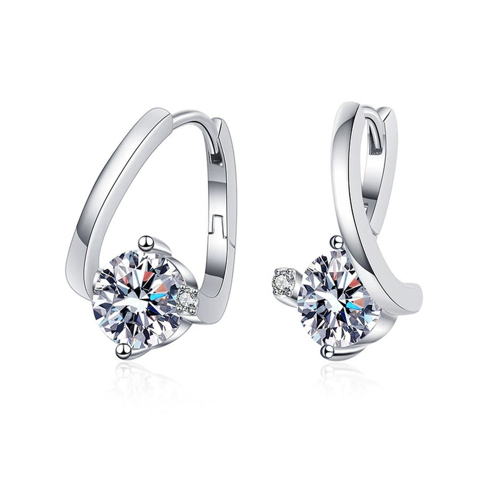 Curved Moissanite Hoop Drop Earrings with CZ in White Gold-Plated S925 on clean white background showing the pair and curved hoop drops with a round moissanite focal stone