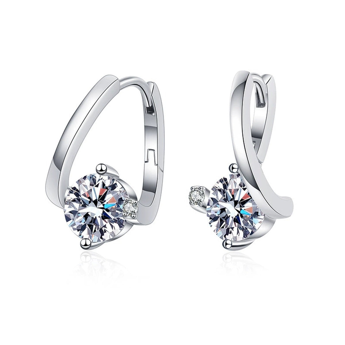 Curved Moissanite Hoop Drop Earrings with CZ in White Gold-Plated S925 on clean white background showing the pair and curved hoop drops with a round moissanite focal stone