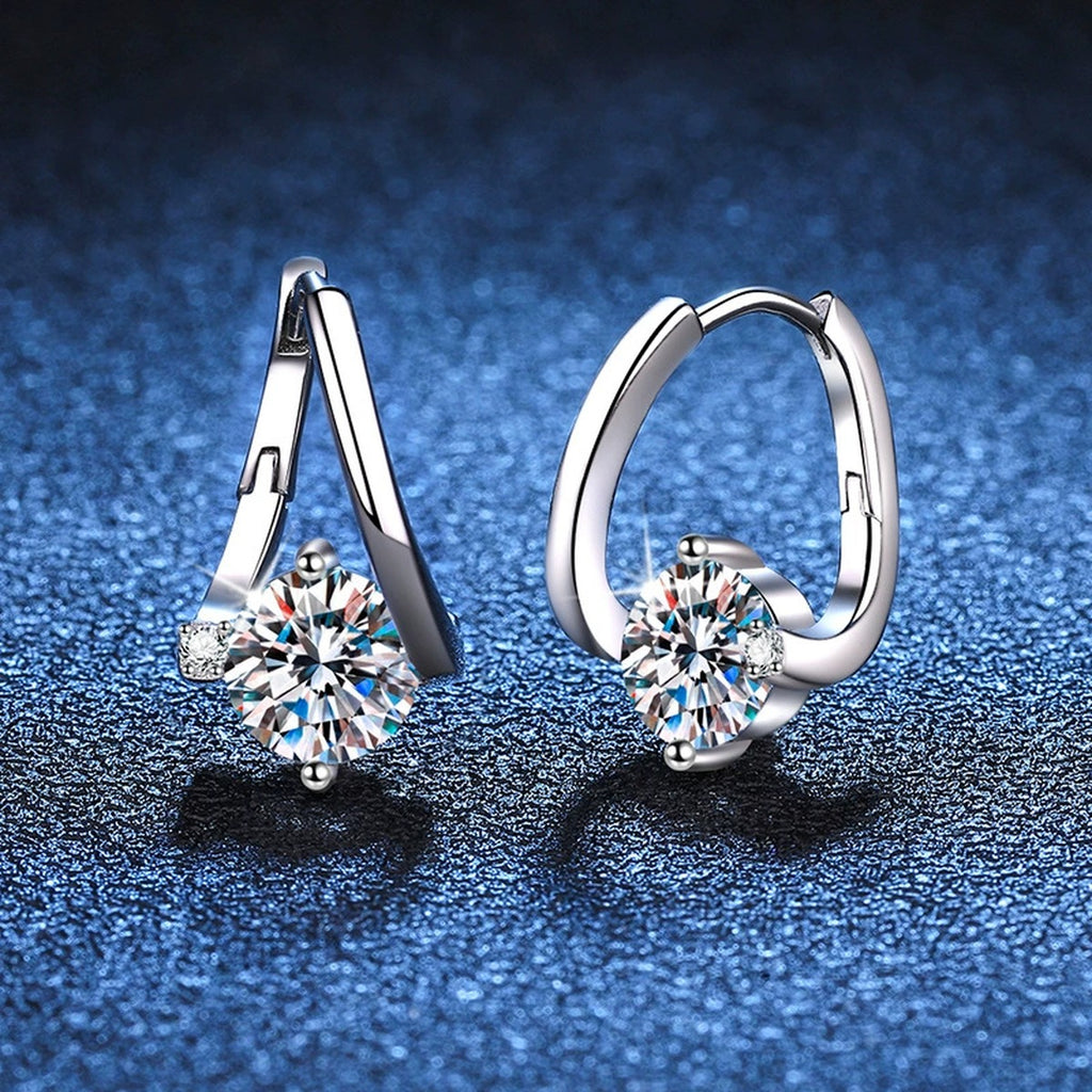 Curved Moissanite Hoop Drop Earrings with CZ in White Gold-Plated S925 blue scene product view