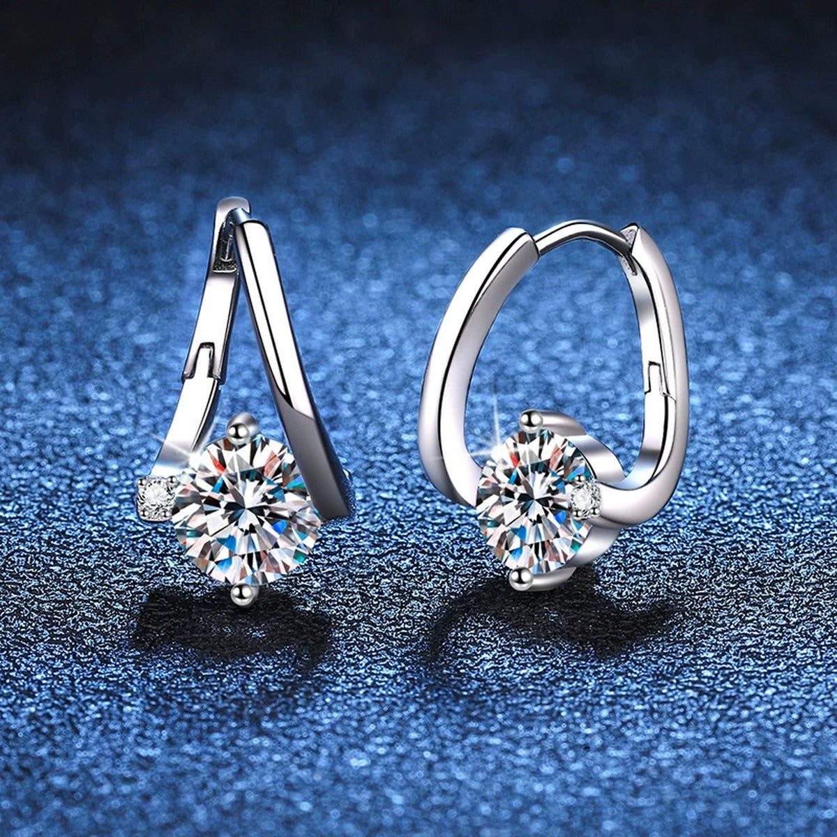 Curved Moissanite Hoop Drop Earrings with CZ in White Gold-Plated S925 blue scene product view