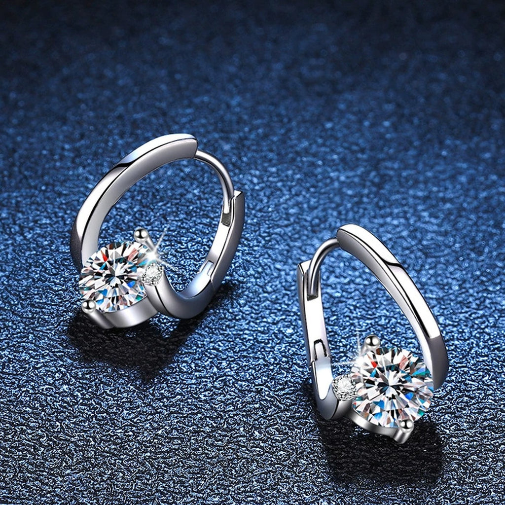 Curved Moissanite Hoop Drop Earrings with CZ in White Gold-Plated S925 blue scene angled view