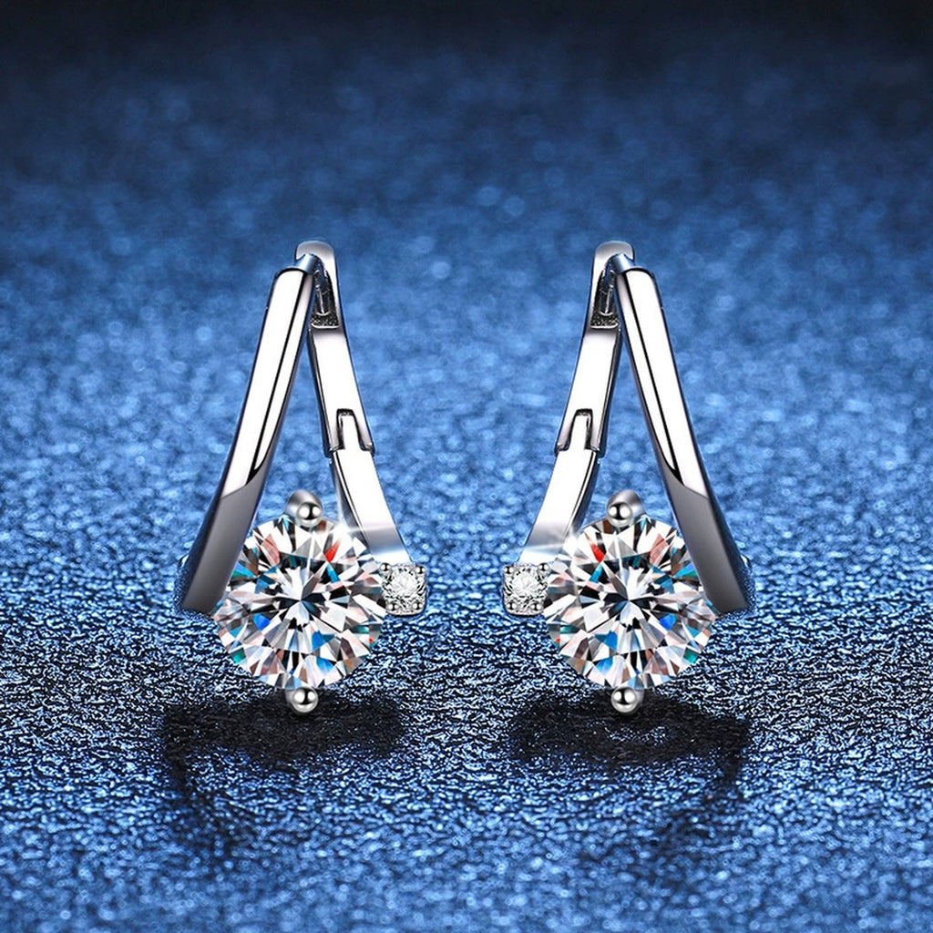 Curved Moissanite Hoop Drop Earrings with CZ in White Gold-Plated S925 blue scene close-up view