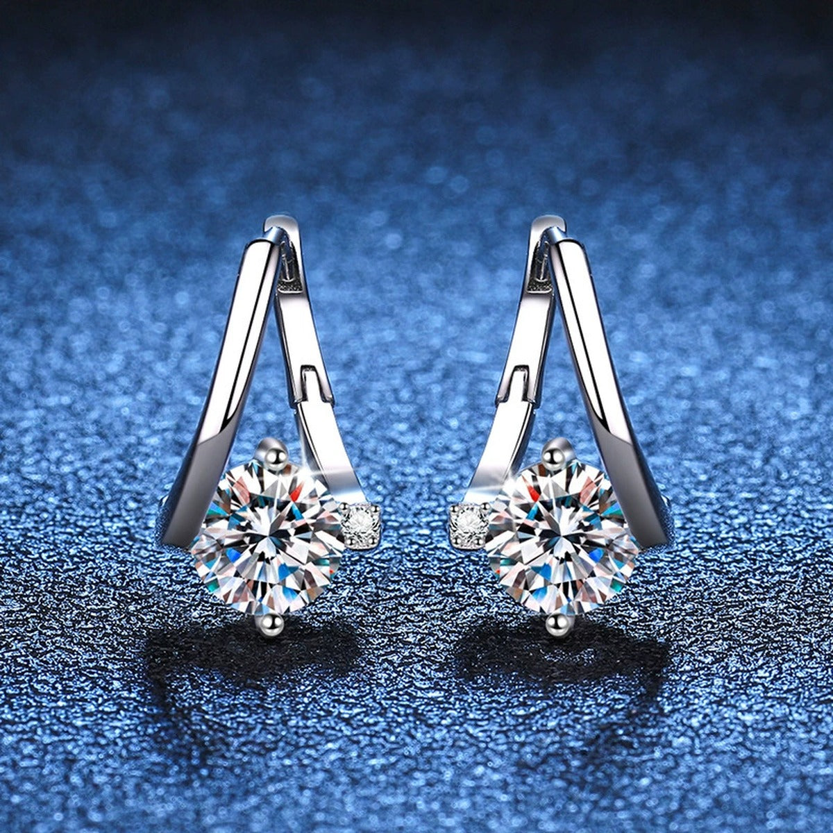 Curved Moissanite Hoop Drop Earrings with CZ in White Gold-Plated S925 blue scene close-up view