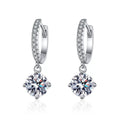 Moissanite Hoop Drop Earrings with CZ in White Gold-Plated S925 Silver on clean white background showing the pair and pavé hoop earrings with a dangling round moissanite stone