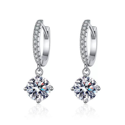 Moissanite Hoop Drop Earrings with CZ in White Gold-Plated S925 Silver on clean white background showing the pair and pavé hoop earrings with a dangling round moissanite stone