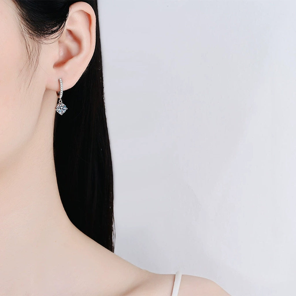 Moissanite Hoop Drop Earrings with CZ in White Gold-Plated S925 Silver worn on ear by model