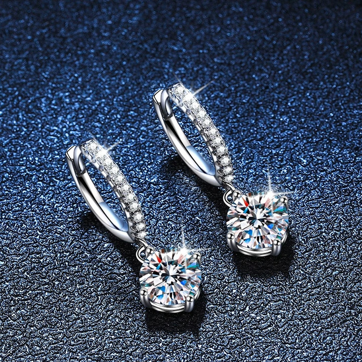Moissanite Hoop Drop Earrings with CZ in White Gold-Plated S925 Silver blue scene product view