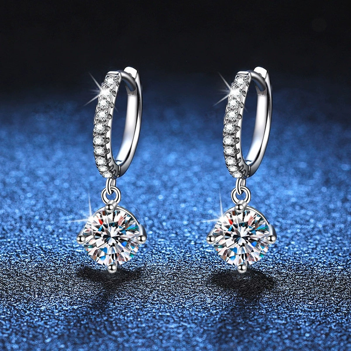 Moissanite Hoop Drop Earrings with CZ in White Gold-Plated S925 Silver blue scene angled view