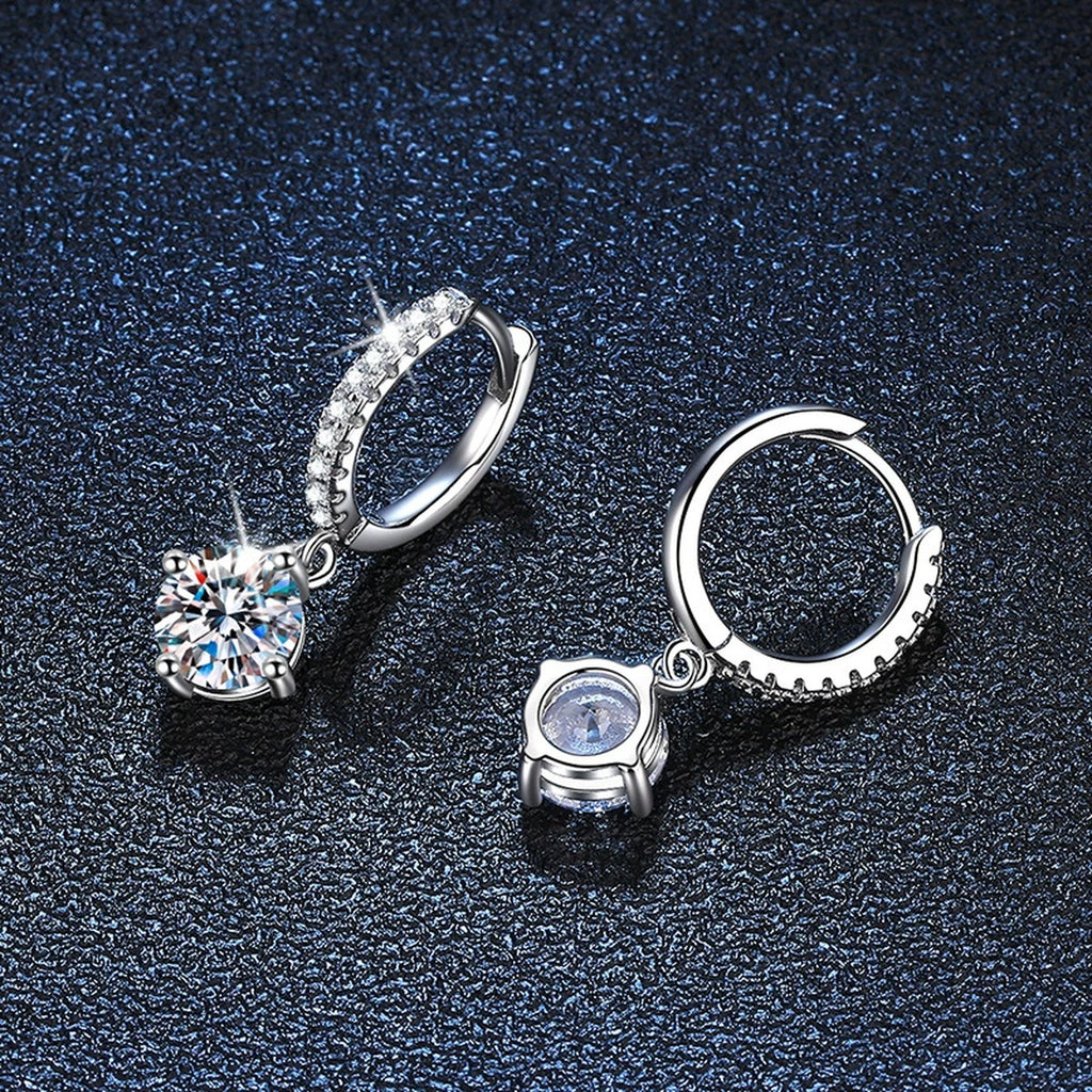 Moissanite Hoop Drop Earrings with CZ in White Gold-Plated S925 Silver close-up product detail view