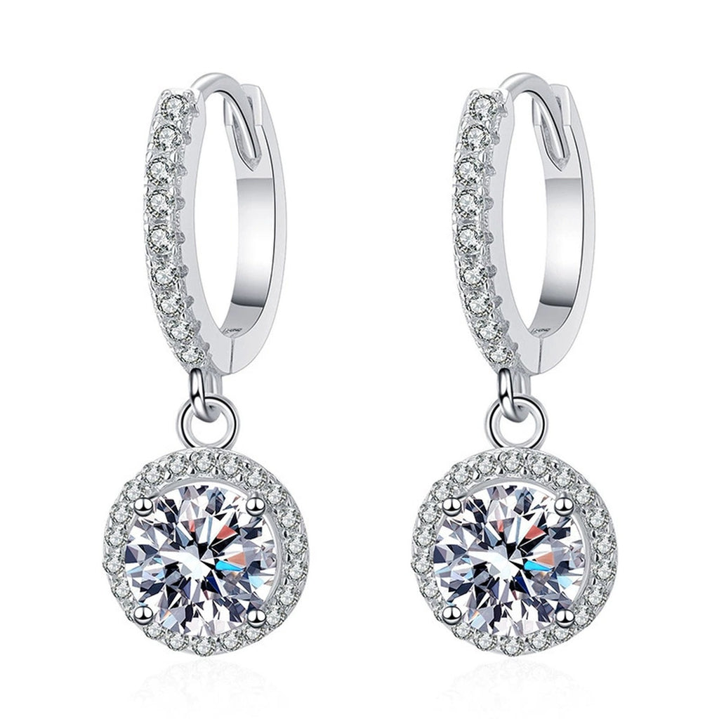 Round Moissanite Hoop Drop Earrings with CZ in White Gold-Plated S925 on clean white background showing the pair and classic round moissanite drops on bright pavé hoops