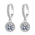Round Moissanite Hoop Drop Earrings with CZ in White Gold-Plated S925 on clean white background showing the pair and classic round moissanite drops on bright pavé hoops