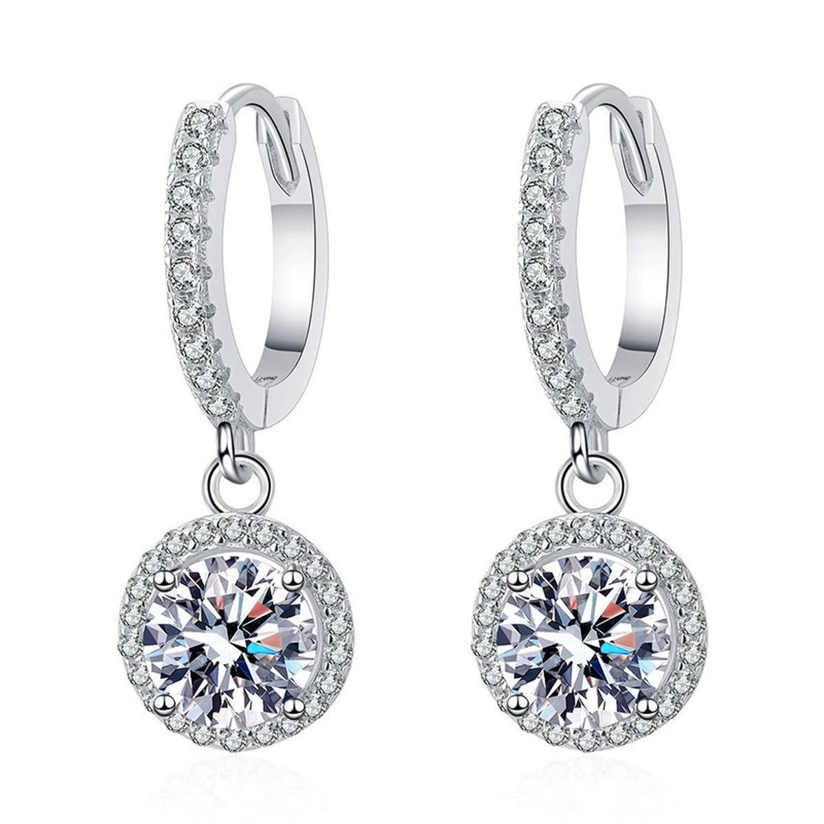 Round Moissanite Hoop Drop Earrings with CZ in White Gold-Plated S925 on clean white background showing the pair and classic round moissanite drops on bright pavé hoops