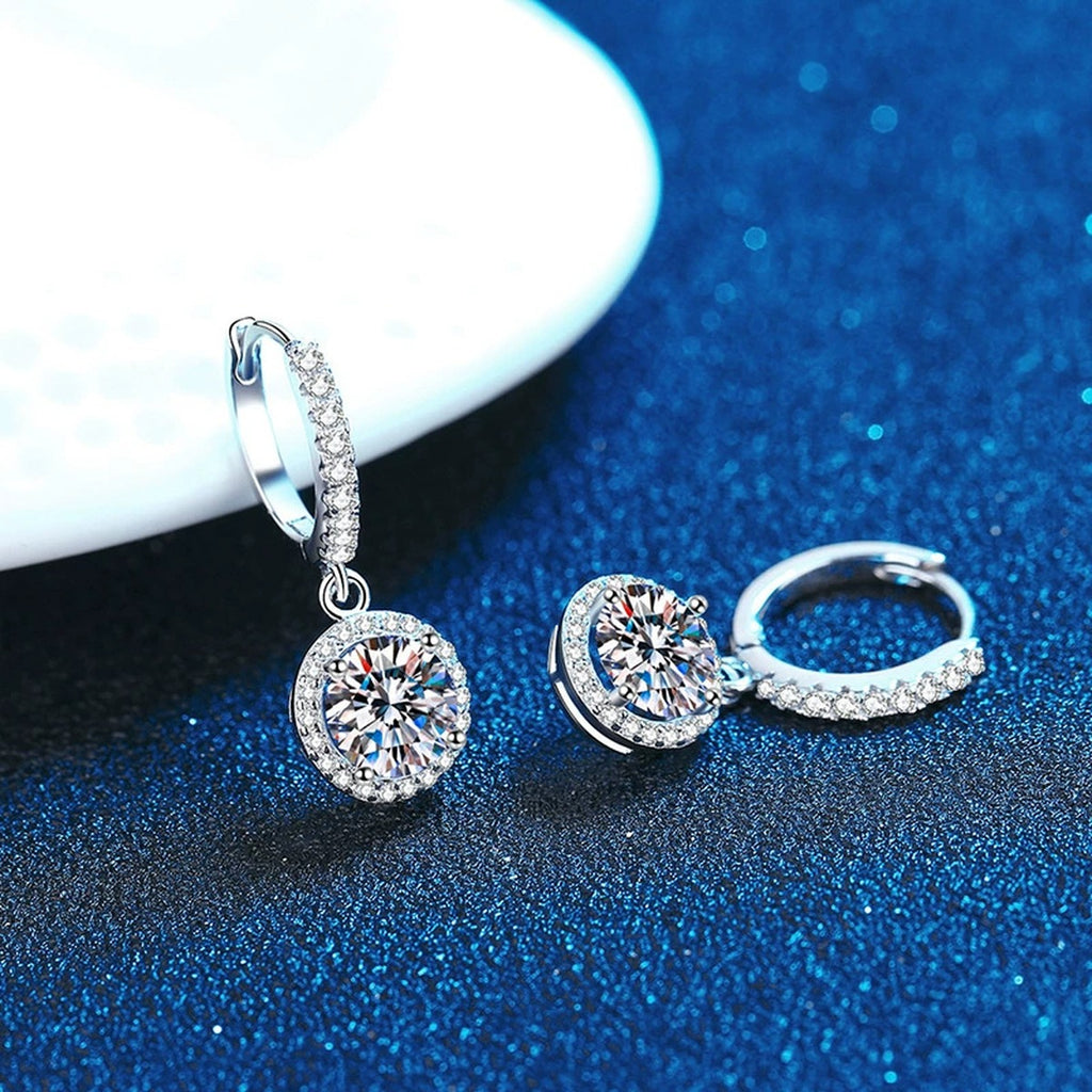 Round Moissanite Hoop Drop Earrings with CZ in White Gold-Plated S925 blue scene product view
