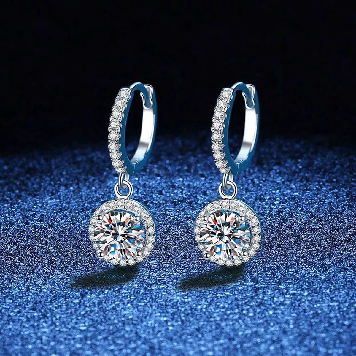 Round Moissanite Hoop Drop Earrings with CZ in White Gold-Plated S925 blue scene angled view