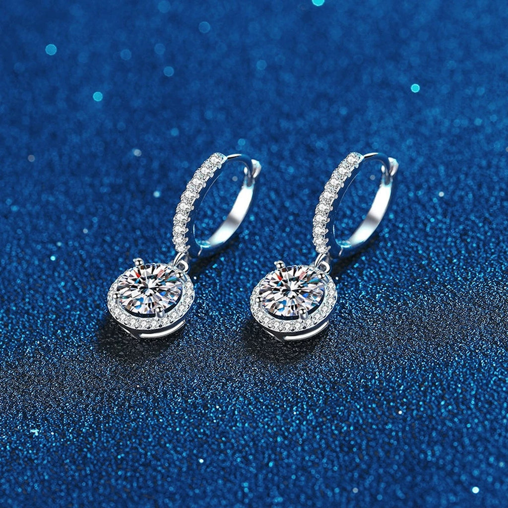 Round Moissanite Hoop Drop Earrings with CZ in White Gold-Plated S925 blue scene close-up view
