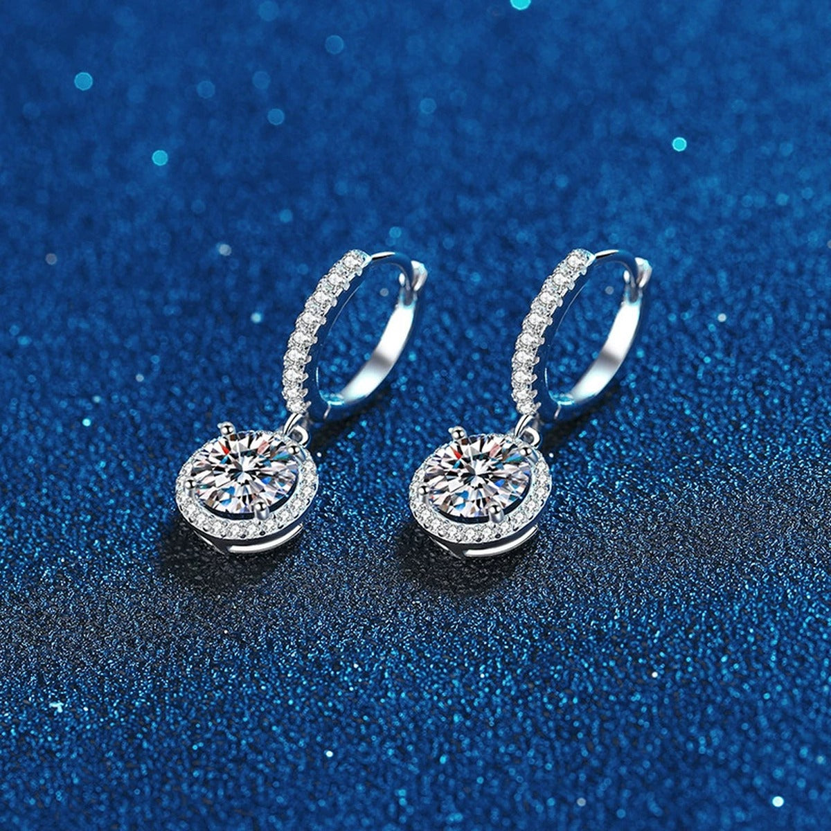 Round Moissanite Hoop Drop Earrings with CZ in White Gold-Plated S925 blue scene close-up view