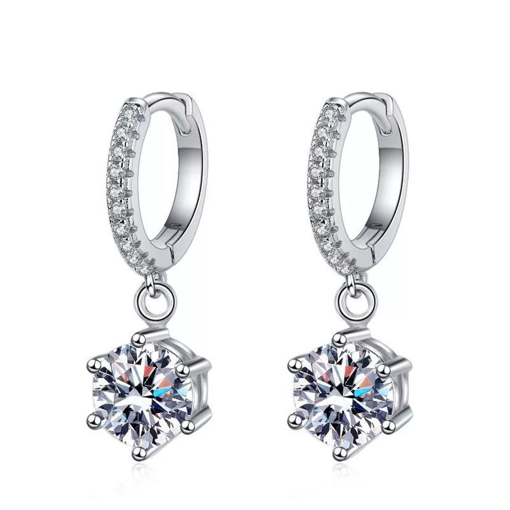 Round Moissanite Hoop Drop Earrings with CZ in White Gold-Plated S925 Sterling Silver on clean white background showing a slim hoop drop earring with a round moissanite dangle and CZ accents