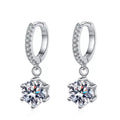 Round Moissanite Hoop Drop Earrings with CZ in White Gold-Plated S925 Sterling Silver on clean white background showing a slim hoop drop earring with a round moissanite dangle and CZ accents
