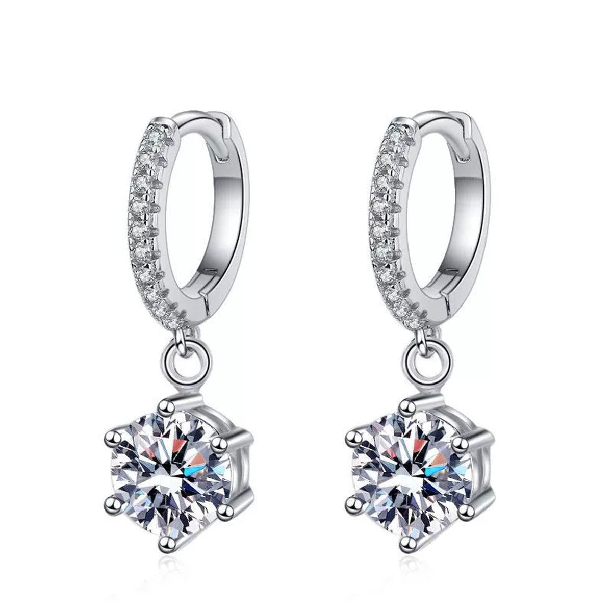 Round Moissanite Hoop Drop Earrings with CZ in White Gold-Plated S925 Sterling Silver on clean white background showing a slim hoop drop earring with a round moissanite dangle and CZ accents