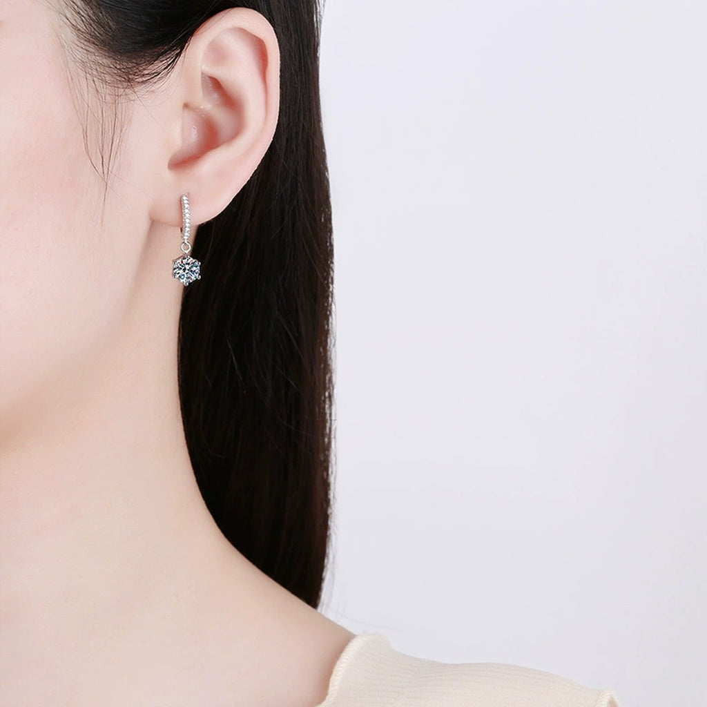 Round Moissanite Hoop Drop Earrings with CZ in White Gold-Plated S925 Sterling Silver worn on ear by model