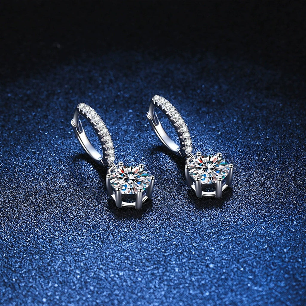 Round Moissanite Hoop Drop Earrings with CZ in White Gold-Plated S925 Sterling Silver blue scene product view