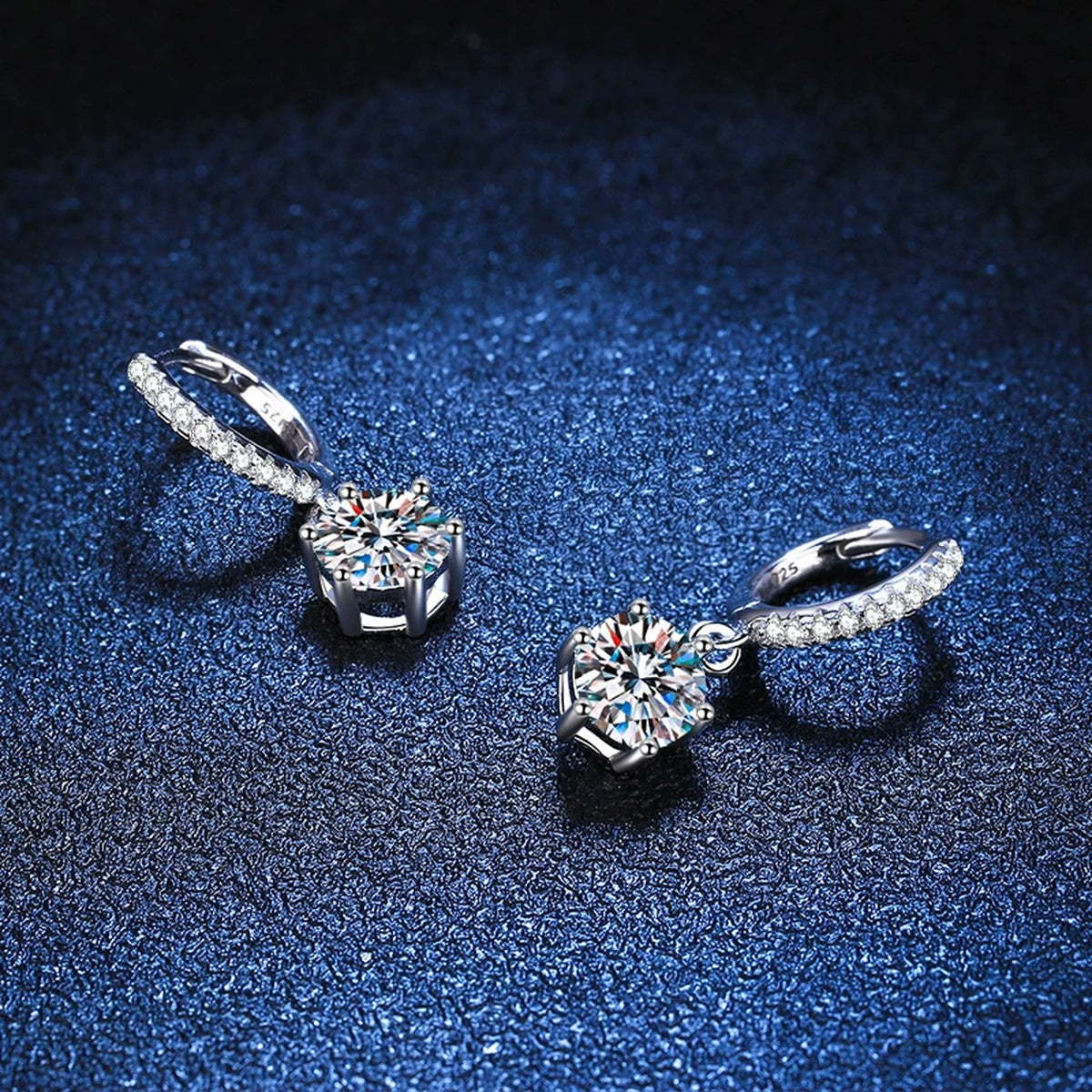 Round Moissanite Hoop Drop Earrings with CZ in White Gold-Plated S925 Sterling Silver blue scene angled view