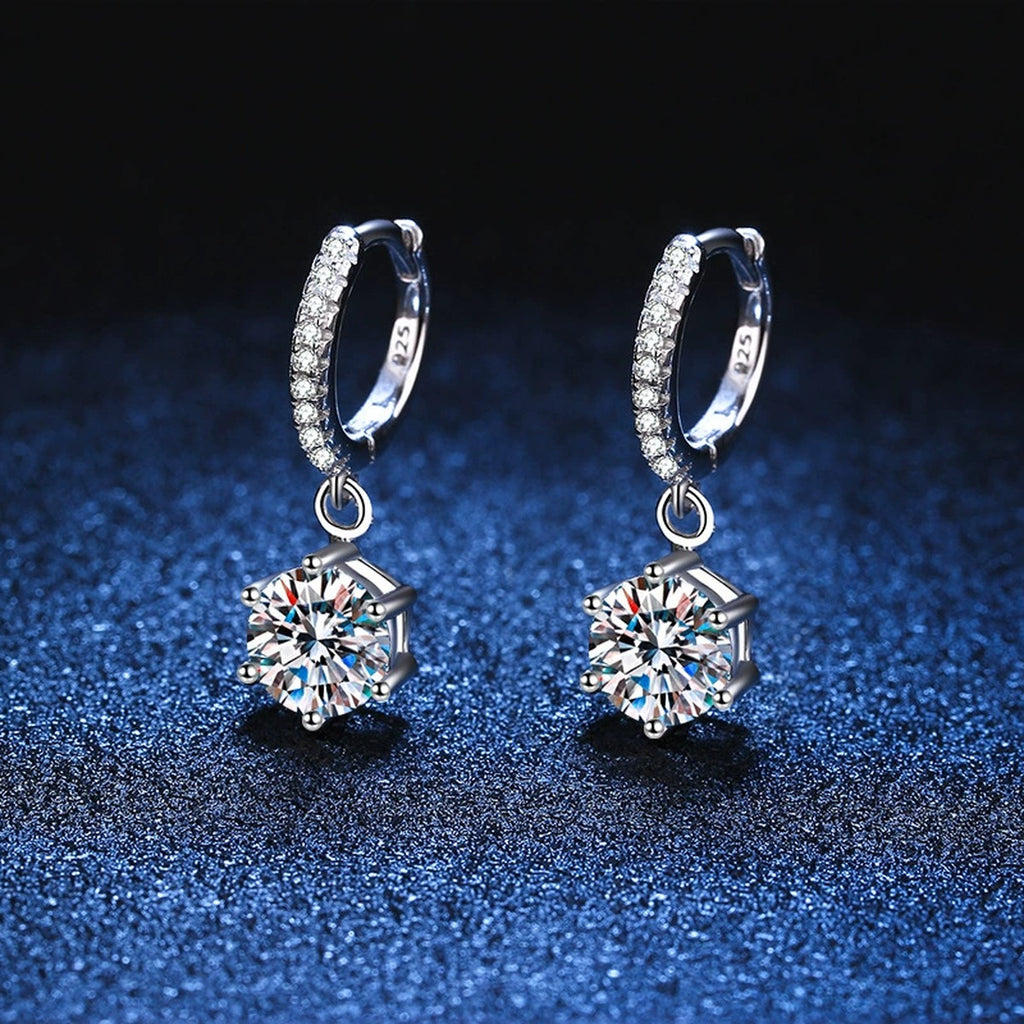 Round Moissanite Hoop Drop Earrings with CZ in White Gold-Plated S925 Sterling Silver blue scene close-up view